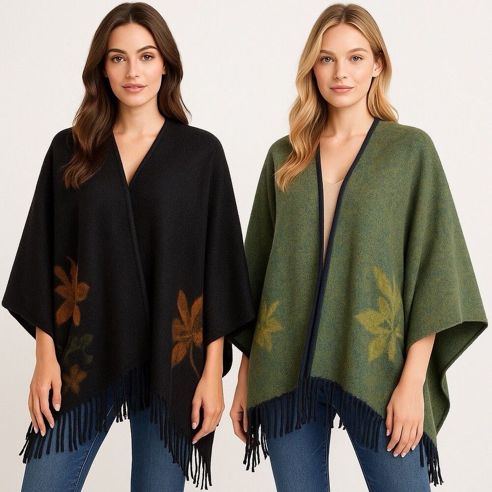 Womens Boho Reversible Shawl Cape Poncho Floral Fringe Open Front Wrap Boho